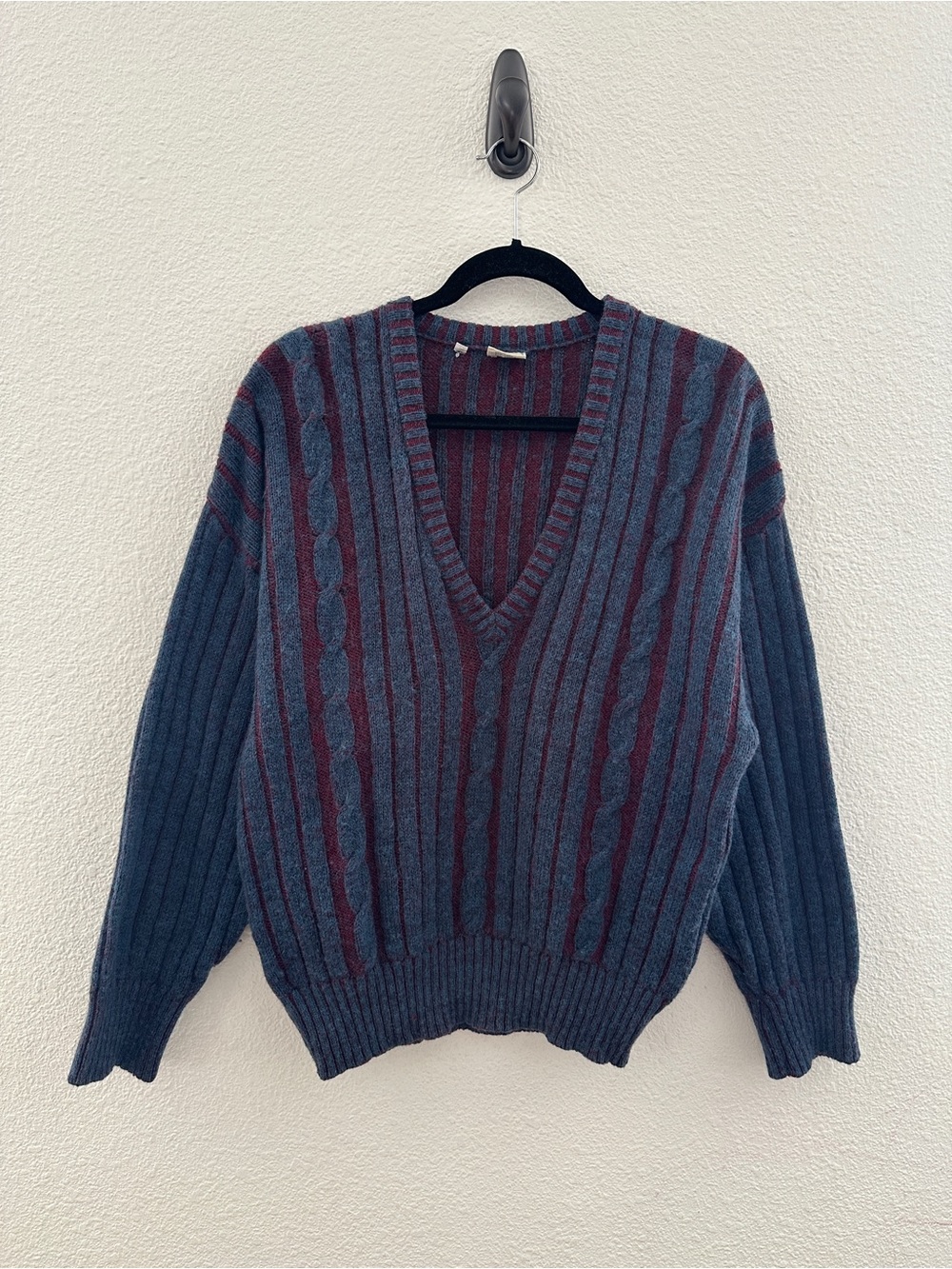 Ermenegildo Zegna Vintage Sweater Blue Burgundy Mohair Blend V-Neck Cable Knit 6
